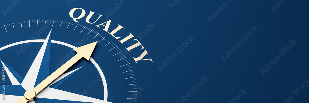 Poster compass arrow pointing toward the word quality on blue background, symbolizing direction, guidance, 