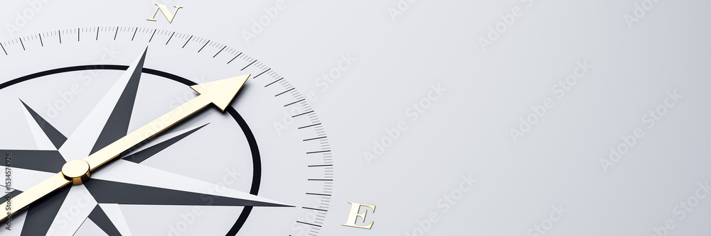 Poster modern compass icon with golden arrow pointing north on light gradient background, symbolizing guida