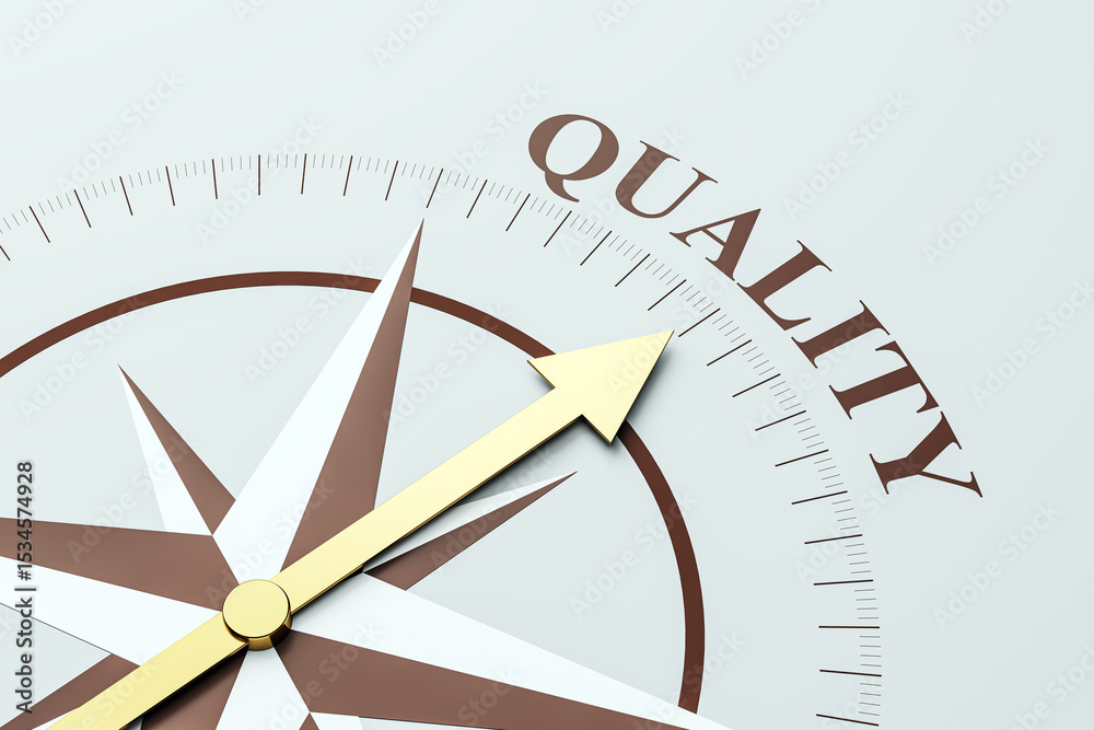 Poster Golden arrow compass pointing towards quality on a modern abstract background symbolizing guidance, direction and business excellence concept. 3D Rendering