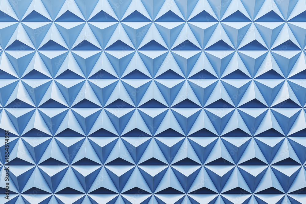Poster Blue geometric triangle wall pattern with 3D crystal-inspired surface texture for modern abstract luxury architecture and creative design concept. 3D Rendering