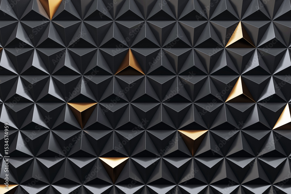 Poster black geometric triangle wall panels with gold accents forming a modern abstract 3d texture pattern 