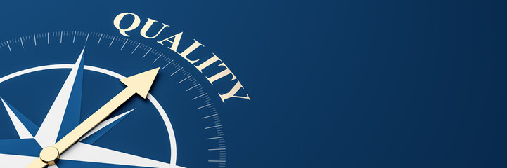 Compass arrow pointing toward the word quality on blue background, symbolizing direction, guidance, and business progress concept template. 3D Rendering © Who is Danny