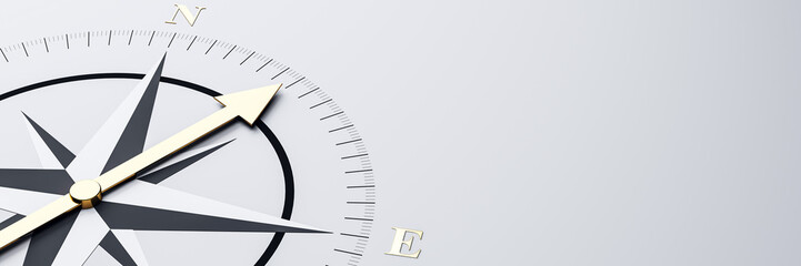 Modern compass icon with golden arrow pointing north on light gradient background, symbolizing guidance, direction, and business vision template. 3D Rendering © Who is Danny