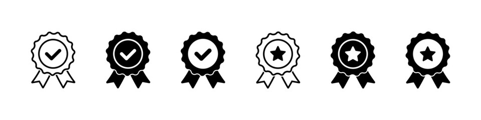 Badge icon. Award sign vector set. Achievement sign set. Checkmark prize reward badge. Winner best reward isolated icon set.