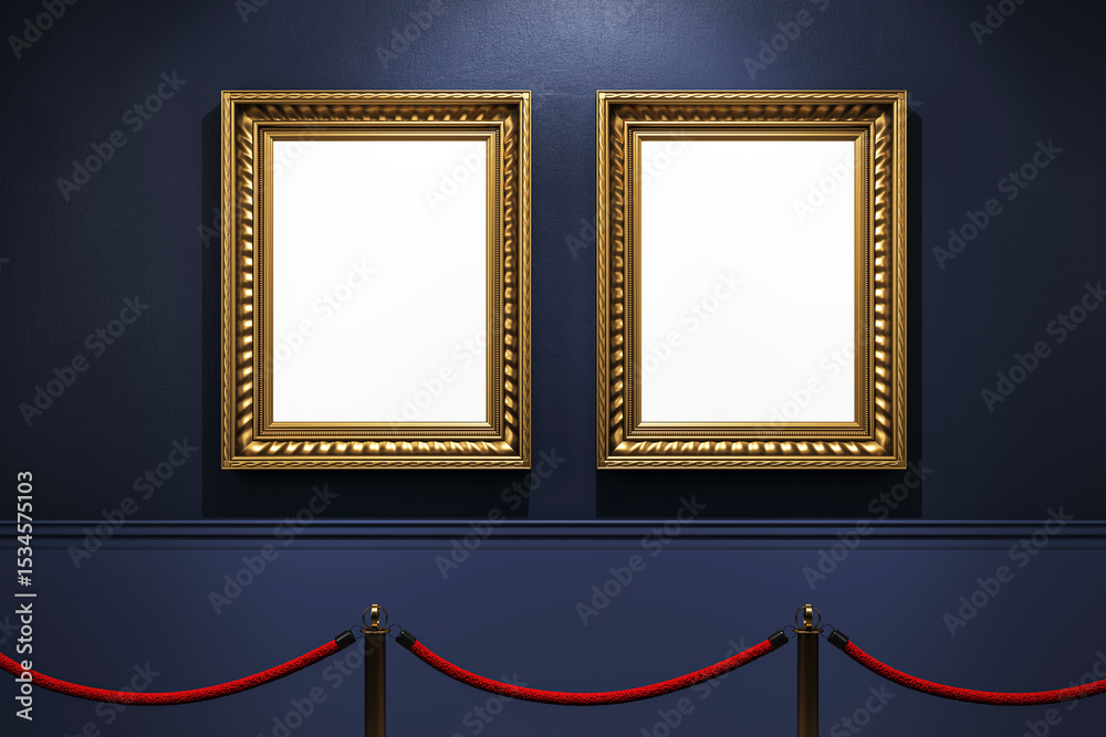 Poster two classic golden frames on dark gallery wall with red ropes and empty canvas display under spotlig