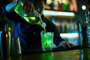 Cocktail Enthusiasts: Bartender Skillfully Pouring Spirits at a Lively Night Club Bar