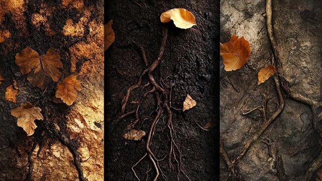 Abstract triptych of roots and fallen leaves on textured earth, warm tones, artistic composition