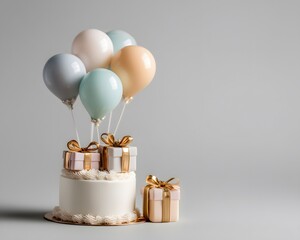 Abstract Art Festive Cake with Balloons and Gifts