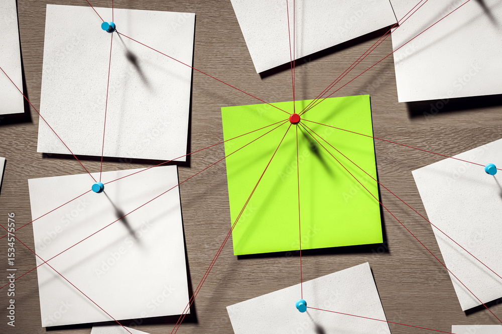 Poster Abstract detective board with blank notes and strings showing investigation or business strategy connections on wooden background wall. 3D Rendering