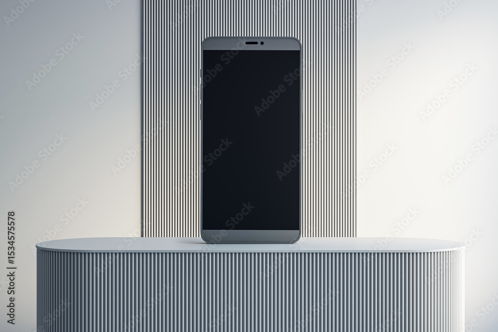 Poster Modern smartphone displayed on striped podium with clean white and grey background for product placement and branding concept in studio setting. 3D Rendering