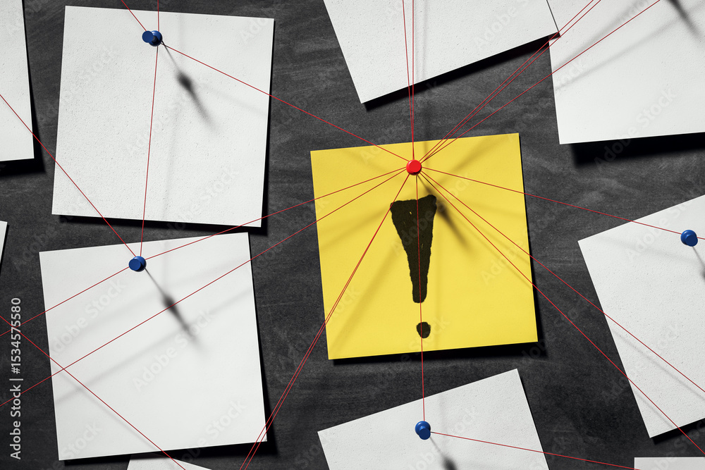 Poster Exclamation mark on yellow note connected with red strings among blank white papers pinned on dark wall in detective investigation concept scene. 3D Rendering