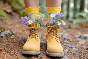 Yellow hiking boots adorned with colorful flowers and vibrant socks stand on a forest trail, showcasing a playful blend of nature and fashion in a serene outdoor setting