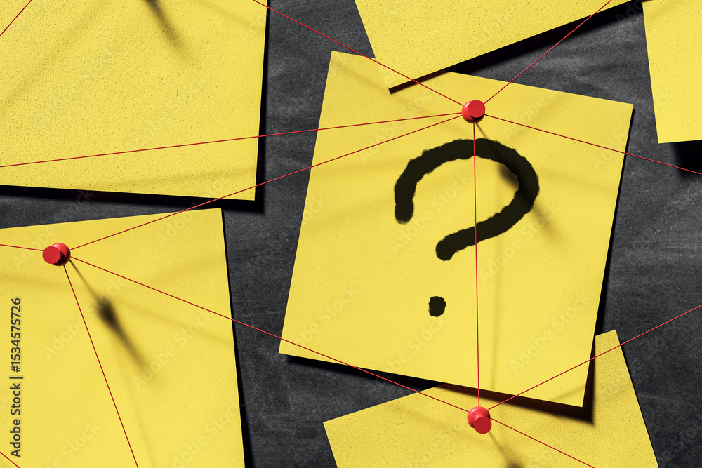Poster Yellow sticky notes with question mark and red string connections on black wall background, symbolizing curiosity and investigation concept. 3D Rendering