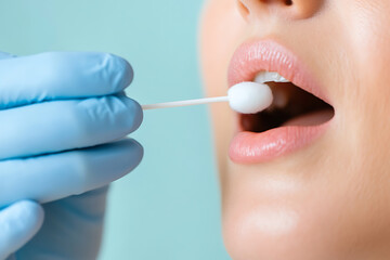 Naklejka premium Oral swab being administered by a healthcare professional with gloved hands. A close-up highlighting medical testing for viruses and potential illnesses.
