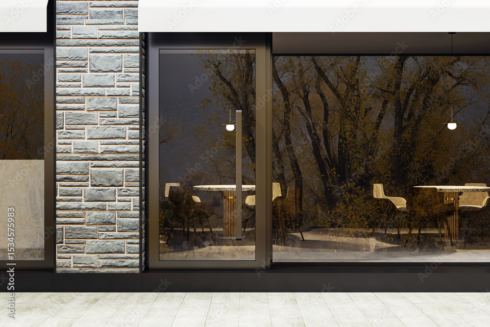 Poster modern shopfront with glass door and large window reflecting trees, exterior view of empty retail sp