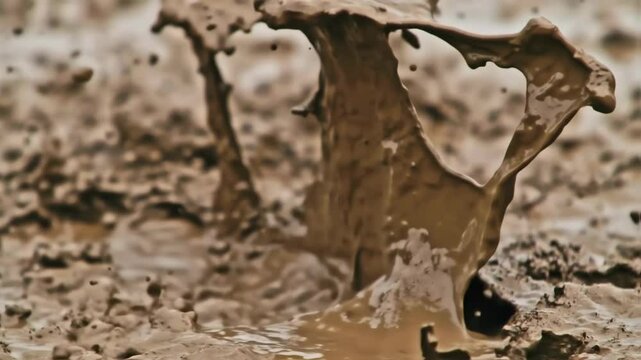 Dynamic splash of liquid mud in motion, a close-up view of flowing brown liquid and earth matter creating texture.