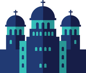 Church building with dome towers and crosses vector illustration in blue tones 