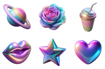 High quality 3D icon illustration showing y2k 3d hologram png cut out element set designed for stock usage with transparent background and vibrant colors