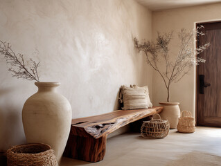entryway with irregular wood bench, oversized hand-formed vase, plastered neutral wall, rattan basket