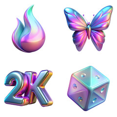 High quality 3D icon illustration showing y2k 3d hologram png cut out element set designed for stock usage with transparent background and vibrant colors