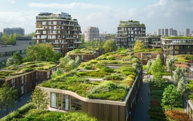 Fototapeta premium A detailed visualization of urban green spaces and rooftop gardens highlighting environmental importance.