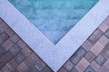 Skimmer pool with clean, clear blue water. Smooth descent into the pool by steps. Hydromassage...