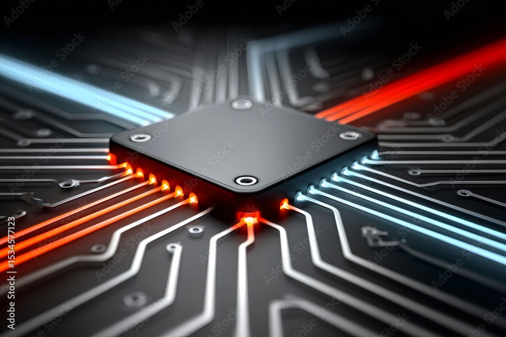 Aufkleber Cpu processing data on motherboard with futuristic glowing connections