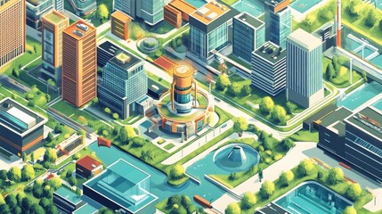 Urban Landscape with Modern Buildings, Green Spaces, Water Features, and Busy Roads in a Vibrant City Setting