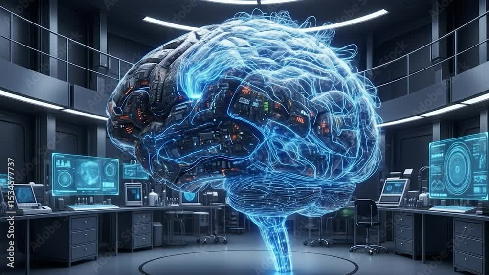 Poster futuristic brain with glowing neural pathways in a laboratory setting