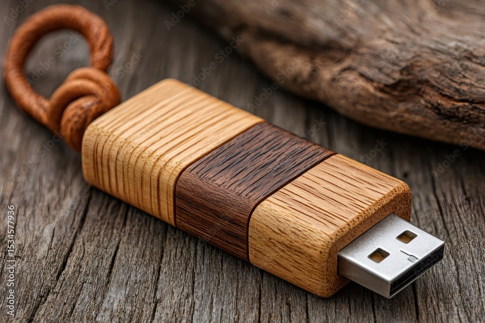 Poster stylish wooden usb flash drive with leather strap resting on rustic table