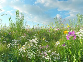 A detailed visualization of wildflowers and biodiversity in untouched meadows highlighting environmental importance.