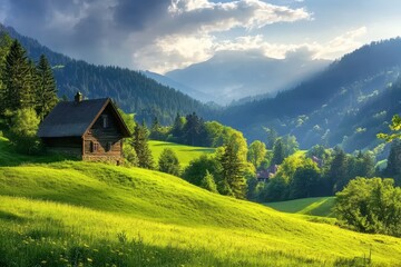 Fototapeta premium Picturesque Germany Countryside: Lush Green Meadows and Charming Old Houses in the Heart of the Black Forest