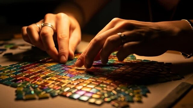Hands arranging colorful mosaic tiles
