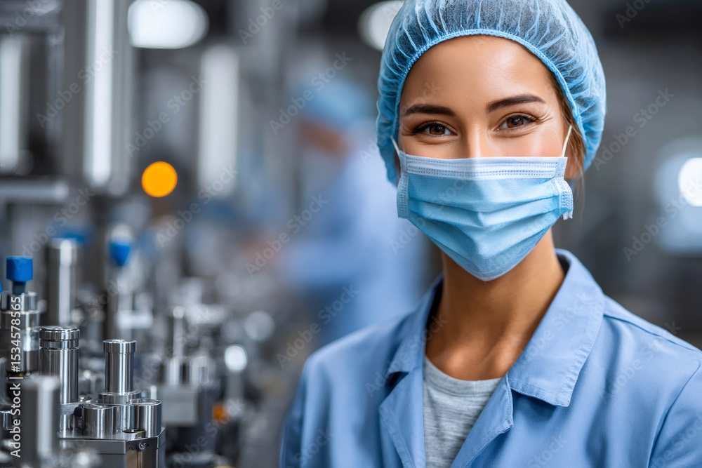 Aufkleber female factory worker is working in a sterile environment and wearing a protective mask and hair net