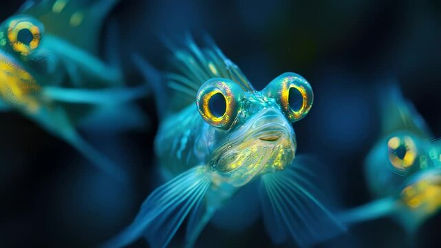 Close-up of three expressive goby fish with big eyes in dark blue water, vivid colors