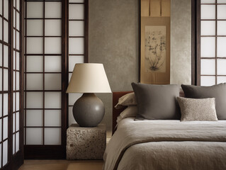 Elegant japandi bedroom with sliding shoji doors, stone lamp base, organic cotton sheets, subtle aged textures