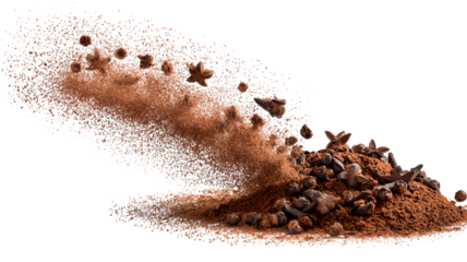 A dynamic display of spices featuring star anise cloves and cinnamon powder against a background ready for culinary projects