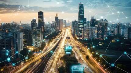 Fototapeta premium Urban Cityscape at Twilight with Network Connections Illuminating Highways and Skyscrapers in a Modern Metropolis