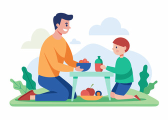 Fototapeta premium Happy father and son enjoying a picnic outdoors, sharing food and drinks together