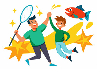 Father and son celebrating a successful fishing trip, with copy space