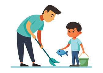 Man and child cleaning up after fishing, for websites and blogs