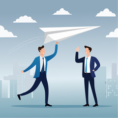 Obraz premium Mentor or support employee to success, manager to help or advice staff to reach goal, work coaching or adviser expert concept, businessman manager launching paper plane origami with team colleague