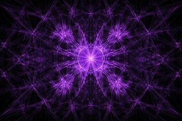 Fototapeta premium A purple abstract fractal pattern with a central glowing orb and radiating geometric shapes on black background