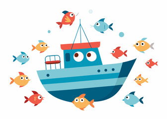 Obraz premium Playful fishing boat illustration, colorful design, for kids books