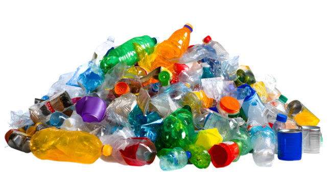 A large pile of discarded plastic bottles and containers representing pollution and environmental issues in a colorful composition.