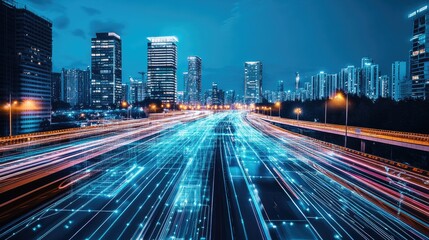 Fototapeta premium Futuristic Cityscape at Night with Light Trails and Modern Skyscrapers Creating a Vibrant Urban Atmosphere
