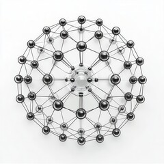 Circular network of metallic spheres connected by thin lines on a white background surface
