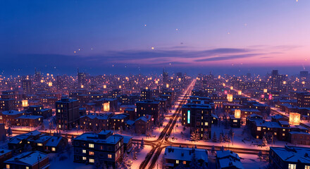 Obraz premium Magical Winter Cityscape at Twilight with Snow and Lights, Enchanting Urban Night Art on White Background