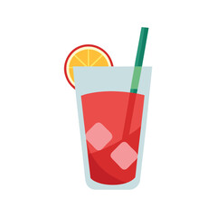 Refreshing Red Summer Cocktail Ice Cubes, Orange Slice, and Straw