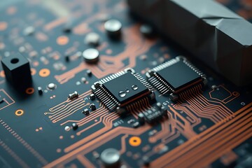 Close-up of a circuit board with three square microchips and a water droplet.